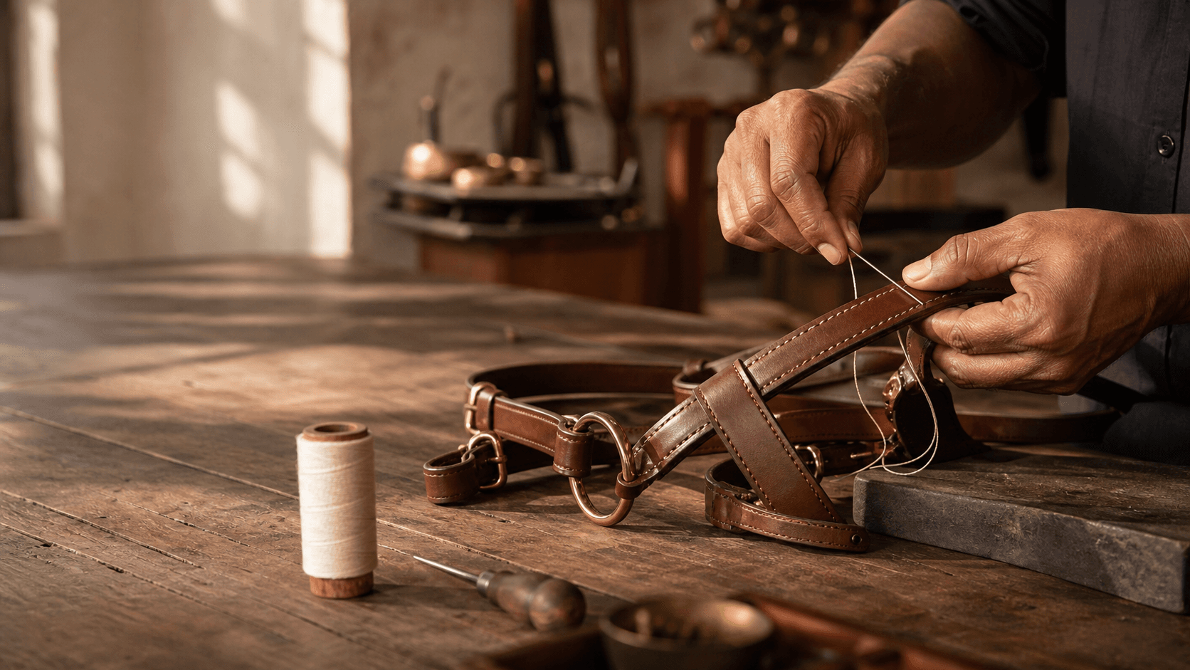 Leather bridle being hand stitched