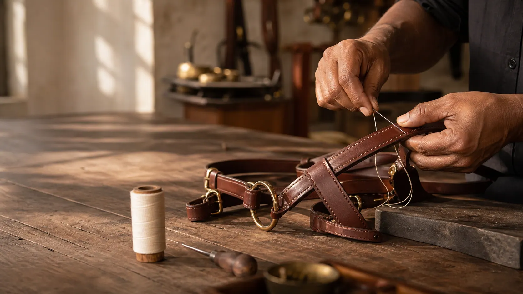 Artisan stitching a leather bridle
