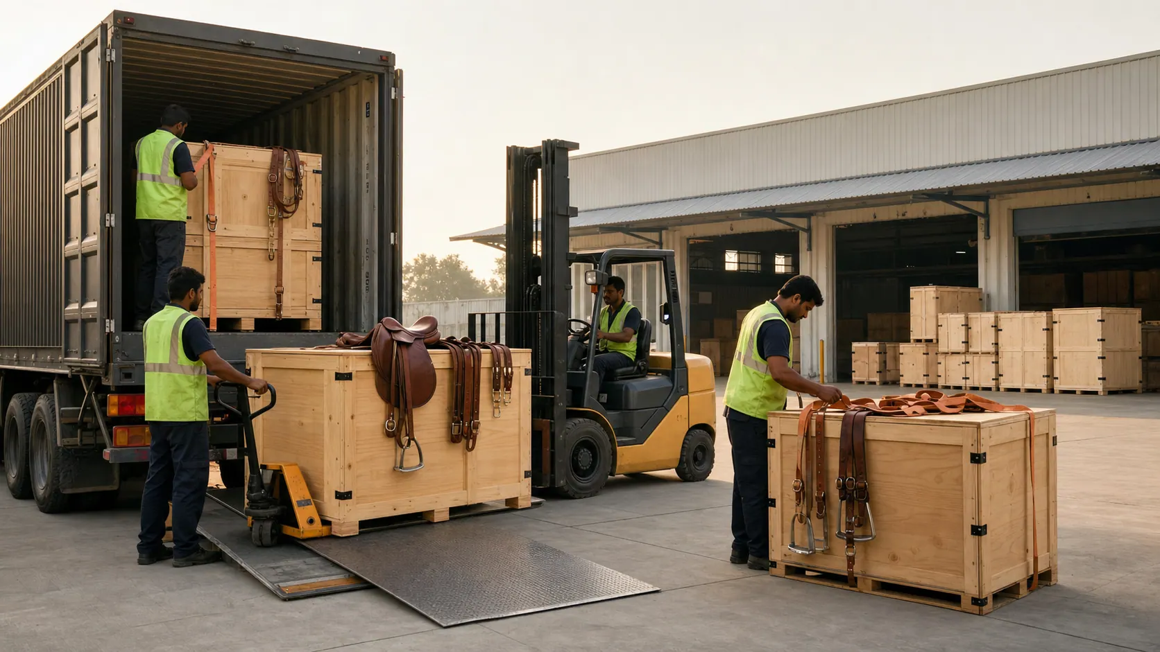 Indian logistics team loading export saddlery cargo