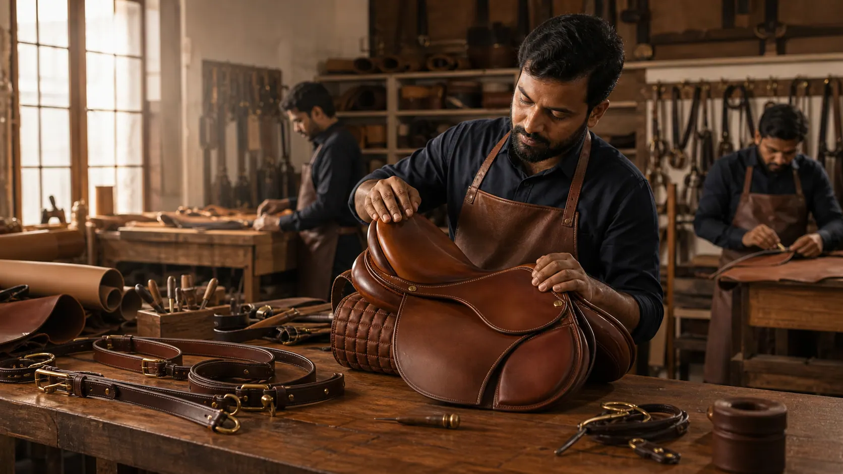 Indian saddlery artisans inspecting leather goods in a workshop