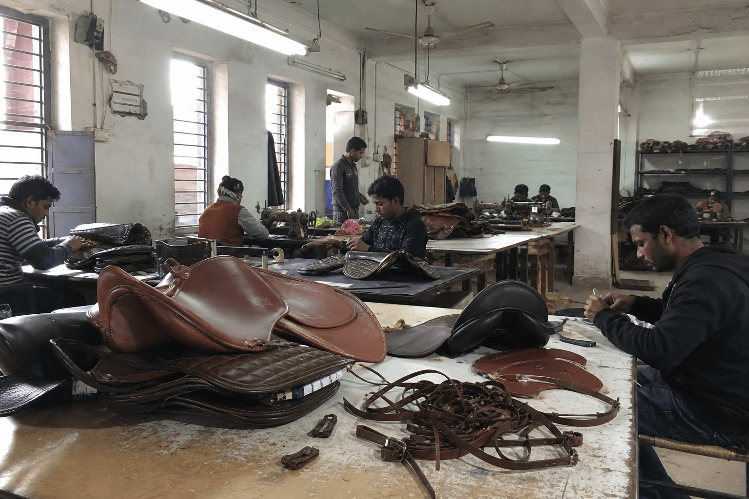 Raw mobile photo of Indian saddlery factory floor