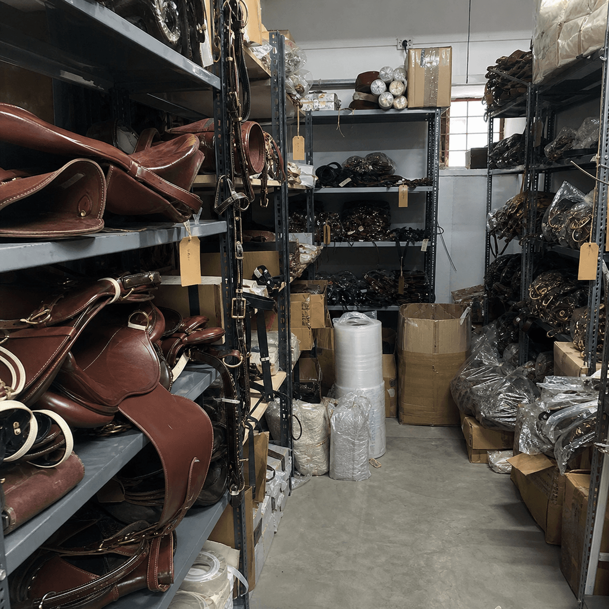 Raw mobile photo of saddlery stock room with leather goods