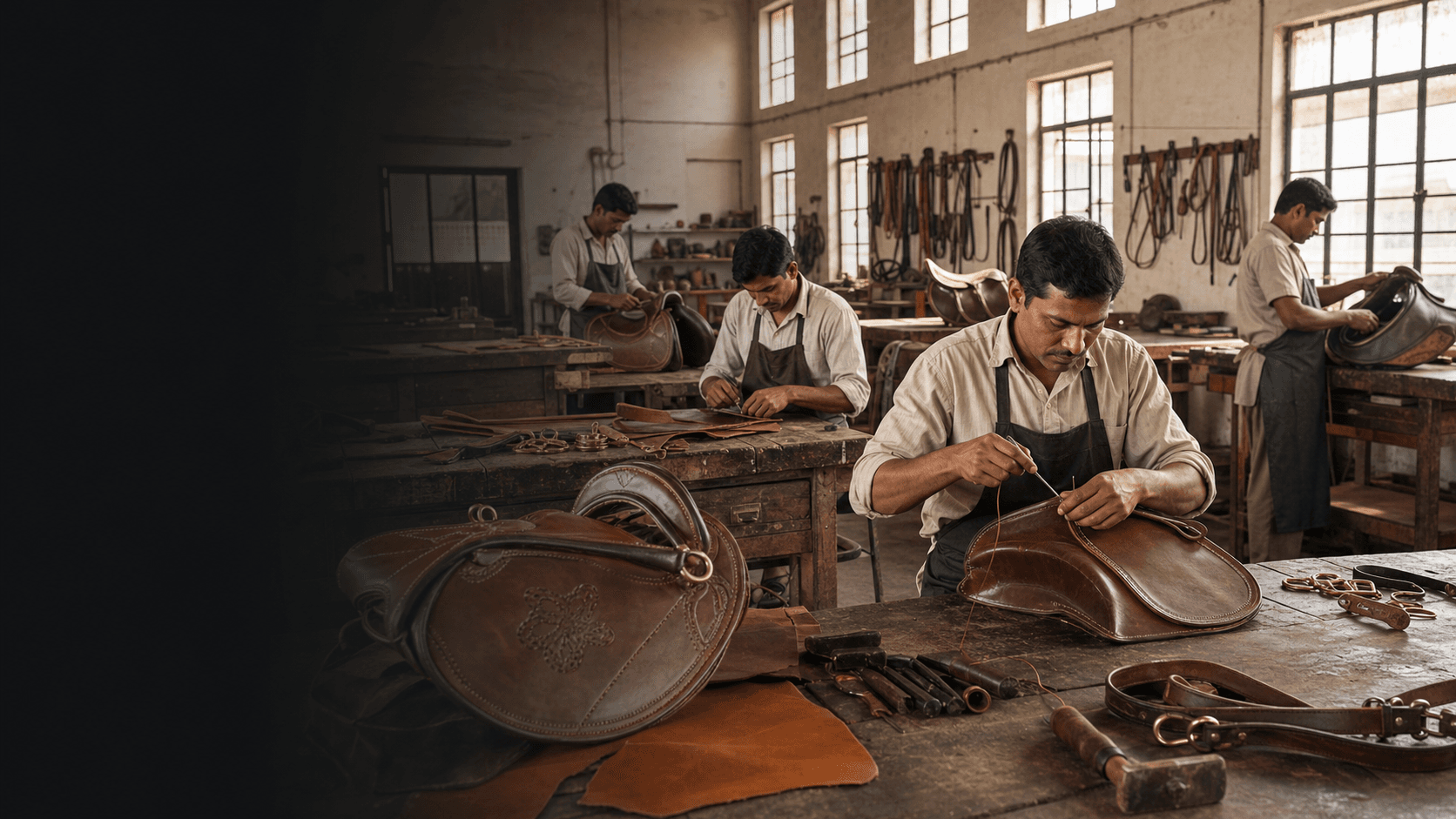 Indian artisans working in a saddlery factory