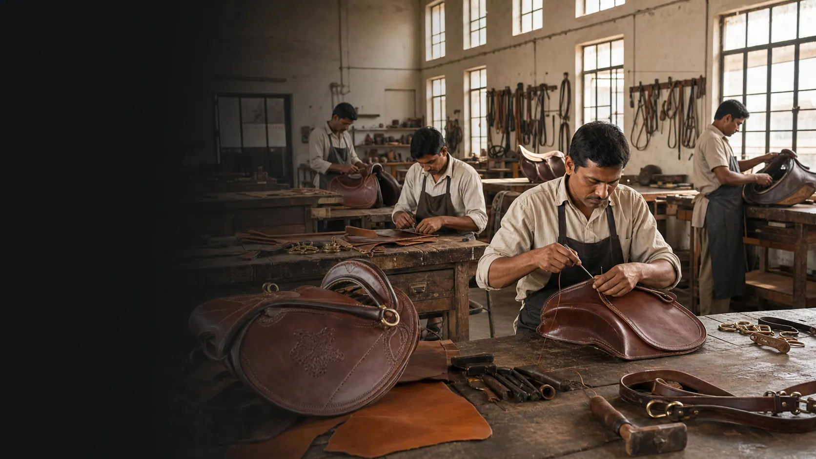 Indian artisans working in a saddlery factory